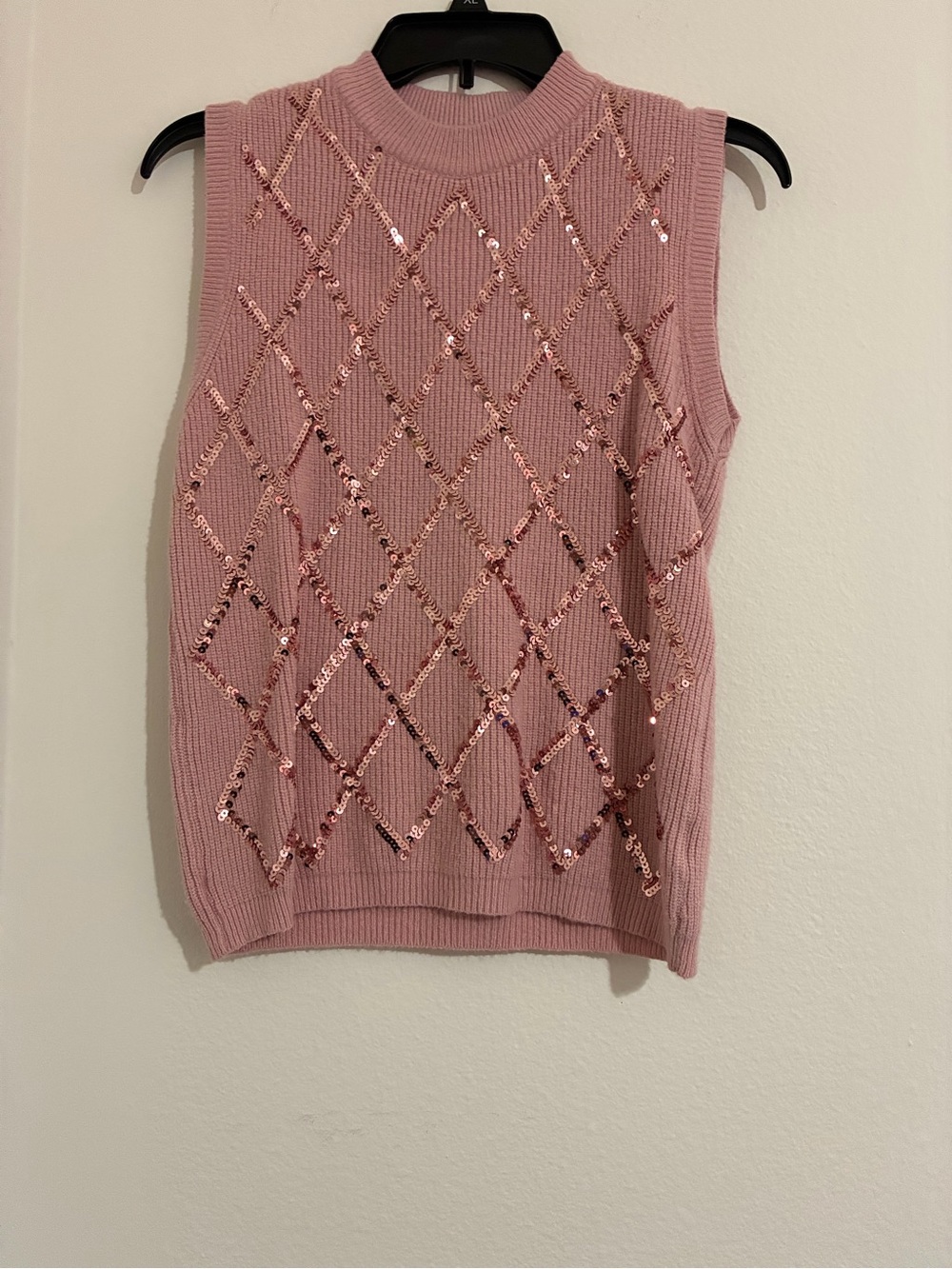 Sequin Argyle Sleeveless Knit Tank - Dusty Pink